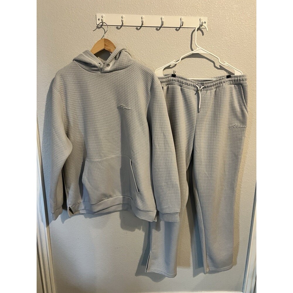 BoohooMAN Gray Waffle 2-Piece Sweatsuit Hoodie & Tapered Pants XL